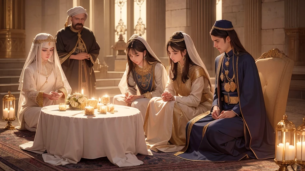 esther (esther 4:16 - Jejum de esther e dos judeus), dressed in Persian royal attire, in a posture of prayer and fasting, surrounded by a group of Jews also fasting and praying, in an ancient environment reminiscent of the Persian court, illuminated by a soft, reverent light, creating an atmosphere of devotion and solemnity, close-up, warm, soft morning light, prayer and fasting scene (best qualityer, 4K, High definition, work of art: 1.2), ultra detaild, (Realist: 1.37), illustration, beautiful detailed faces, flowy suits, calm and reverent environment, soft and warm color palette, magical lighting effects.