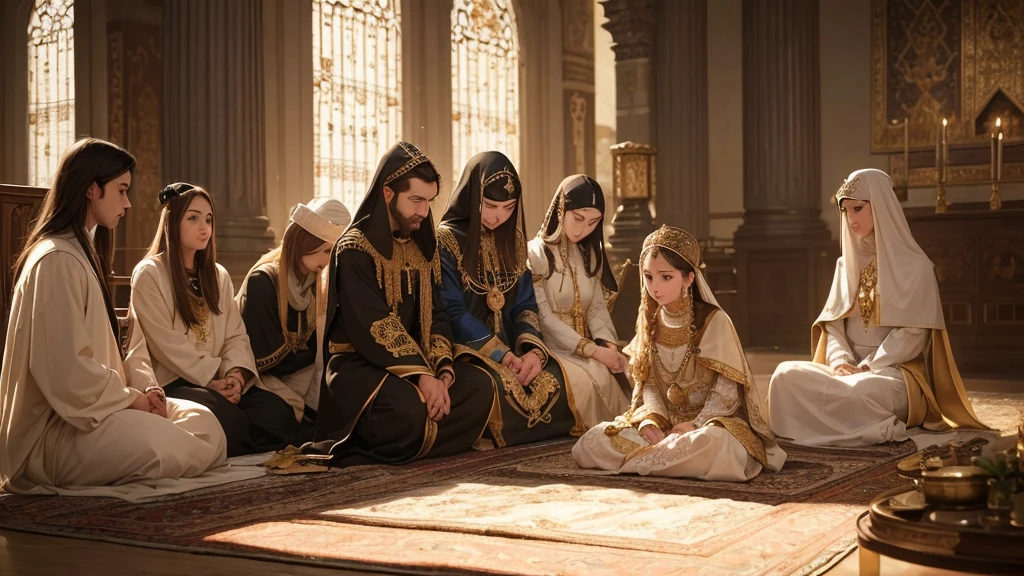 esther (esther 4:16 - Jejum de esther e dos judeus), dressed in Persian royal attire, in a posture of prayer and fasting, surrounded by a group of Jews also fasting and praying, in an ancient environment reminiscent of the Persian court, illuminated by a soft, reverent light, creating an atmosphere of devotion and solemnity, close-up, warm, soft morning light, prayer and fasting scene (best qualityer, 4K, High definition, work of art: 1.2), ultra detaild, (Realist: 1.37), illustration, beautiful detailed faces, flowy suits, calm and reverent environment, soft and warm color palette, magical lighting effects.