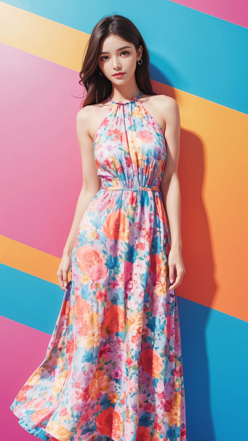 Beautiful woman in a 2024 Style summer dress, Colorful backgrounds, model pose,