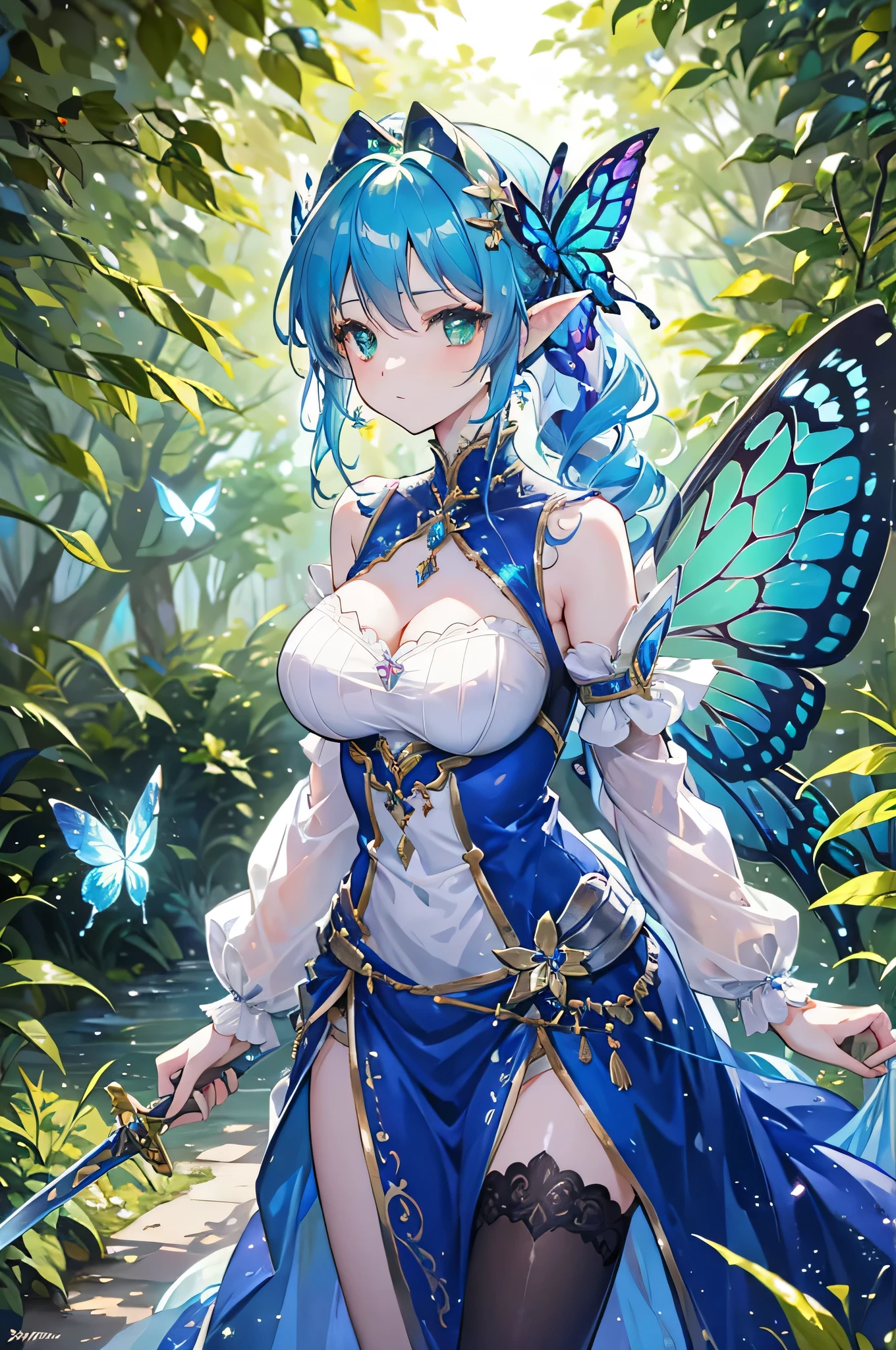 4K,High resolution,One Woman,Fairy,Blue Hair,Long Ponytail,Green Eyes,Big Breasts,butterfly_wings,knight,White knight dress,hair band,Jewelry decoration,Long sword,in the forest