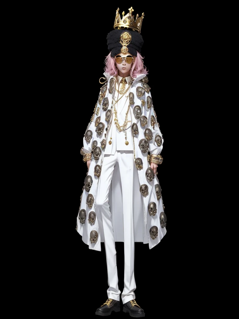 A human skull, with golden crown on head, with white clothes set, with pink glasses