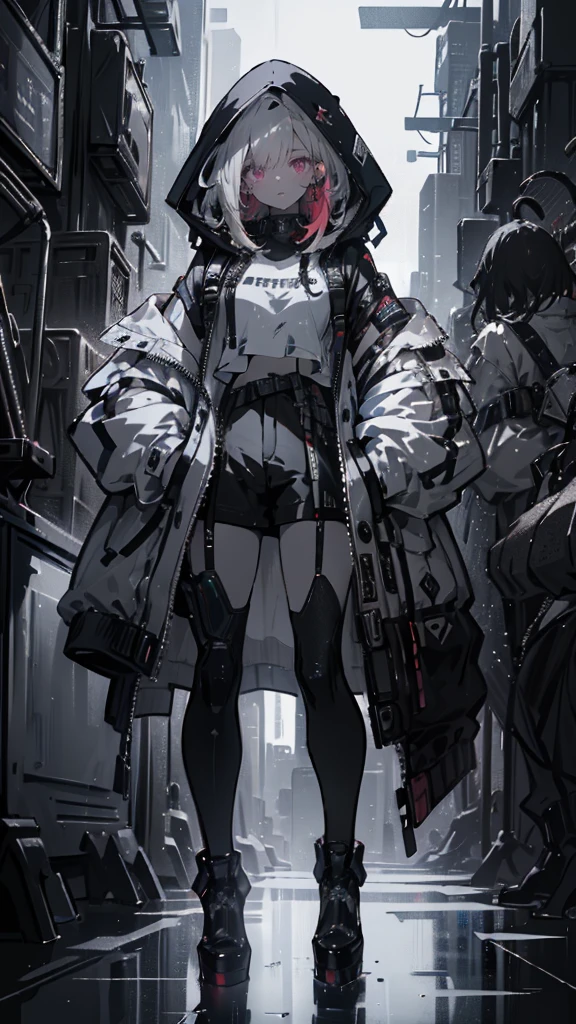 a girl with red hair, cyberpunk, hand in pocket, hoodie, black pointed high heels, detailed face, detailed eyes, detailed lips, beautiful woman, hyper detailed, cinematic lighting, dramatic colors, 8k, highly detailed, photorealistic, masterpiece