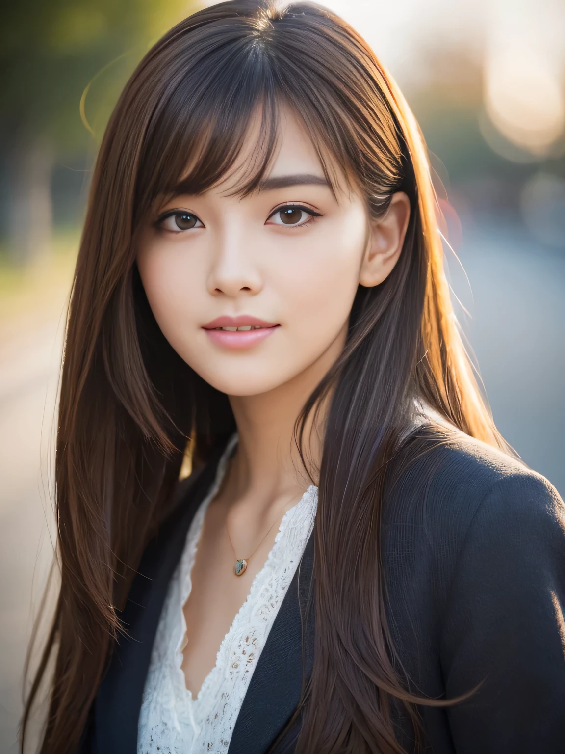 (Raw photo), (Photoreal), (masterpiece), (highest quality), High resolution, 8K resolution, (intricate details), (light with volume), Portrait, woman, medium hair, straight hair, layered hair, brown hair, highly detailed eyes, highly detailed eyebrows, highly detailed skin, highly detailed mouth, highly detailed nose, cute like an idol, smile, ((thick lips)), ((look into the viewer&#39;s eyes)), (well-shaped chest), (cleavage), (elegant black see-through blouse), (Random body orientation),