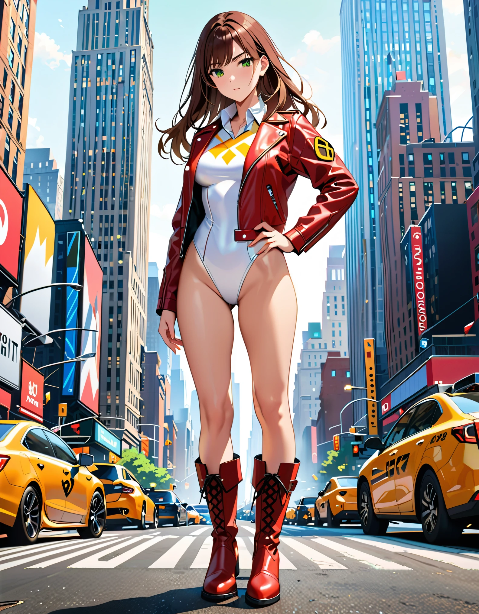 (masterpiece), (best quality), (high res), 1lady, tall body, beautiful detailed eyes, beautiful detailed face, serious, perfect hands, complete fingers, perfect anatomy, perfect proportions, ((brown hair, medium hair, hair down)), ((green eyes)), ((leotard, white leotard, matching leotard)), ((white dress collar, open collar)), ((bare legs)), ((boots, matching boots, ankle-high boots, red boots)), breasts, medium breasts, (full body portrait), looking at viewer, (solo, solo focus), standing, one hand on hip, cowboy shot, new york backdrop, ((yellow V (symbol) on chest)), ((red leather jacket, open jacket)), full body costume design.