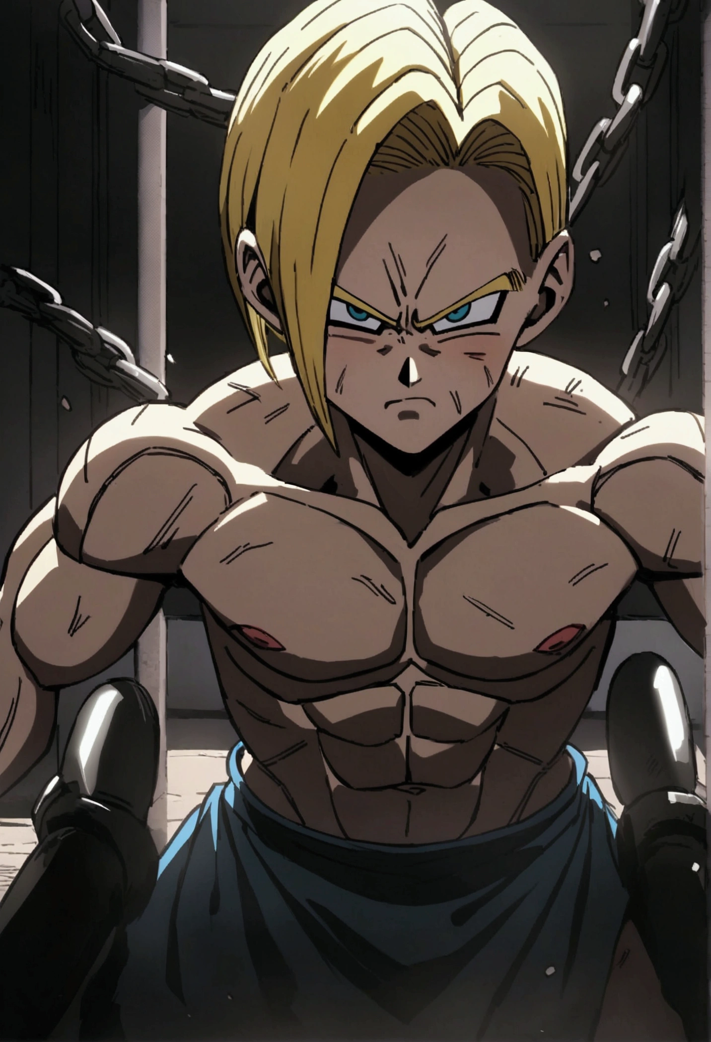 Android 18 from Dragon Ball naked in a laboratory, orders, chained, beaten, frown
