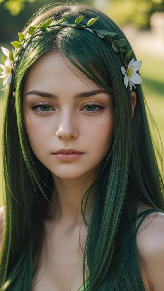 a girl. face sent feeling. Europe. Oval face. long face. delicate facial features. sad closed eyes. seductively seductive. green eyes. long straight hair. green hair. wreath on head. disappointed expression. straight face. outdoor