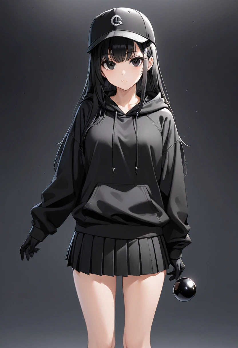 Black miniskirt , Black sneakers , Black hoodie , pleated skirt , whole body , thighs , black hair , black eyes , straight hair , black ball cap , long sleeves , bare legs , face , Black gloves , standing posture , close up