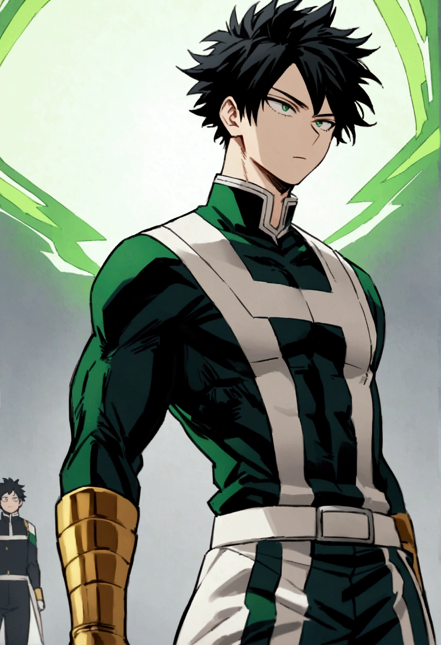 He is a 17 year old teenager, He has slightly disheveled black hair..., somewhat light green eyes, looking straight ahead , muscular body , He is dressed in the anime uniform. "my hero academia", green power