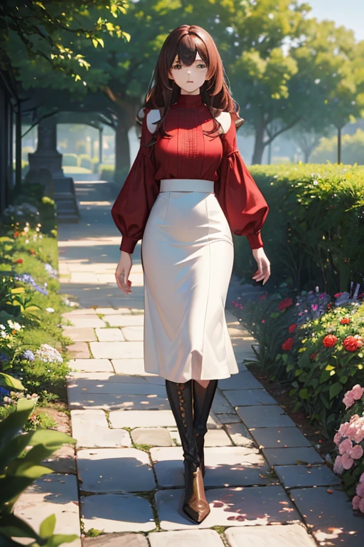 ((masterpiece, best quality, ultra-detailed)), beautiful woman walking through garden, red blouse, white midi pencil skirt, black leather boots, full body, long brown hair, wavy hair