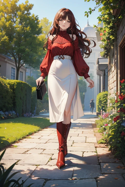 ((masterpiece, best quality, ultra-detailed)), beautiful woman walking through garden, red blouse, white midi pencil skirt, black leather boots, full body, long brown hair, wavy hair