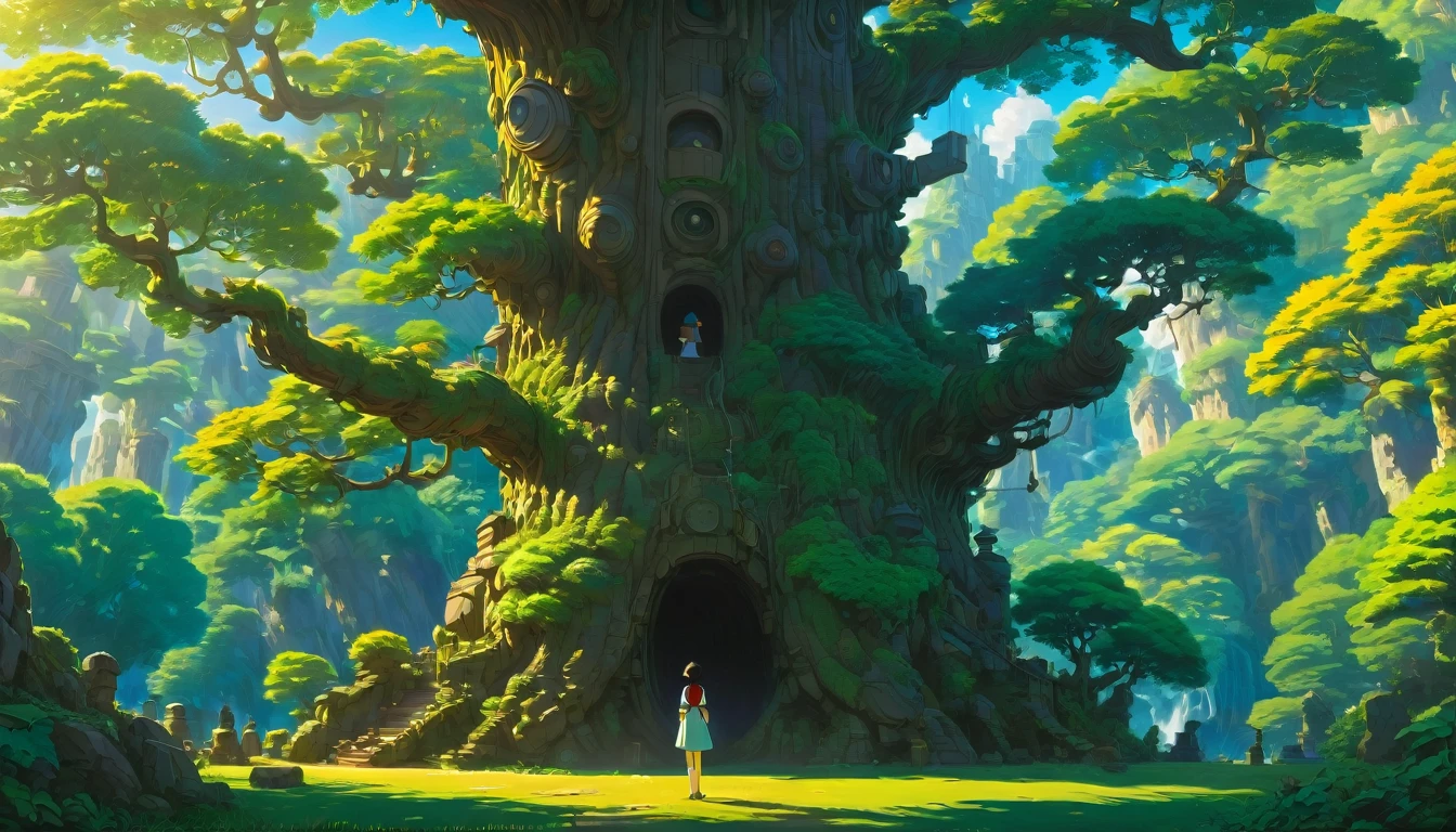 "In strong sunshine、Back view of a young woman standing in the shade of a tree in a park", Studio Ghibli, Highest quality, masterpiece, so beautiful, Perfect composition, Intricate details, Very detailed