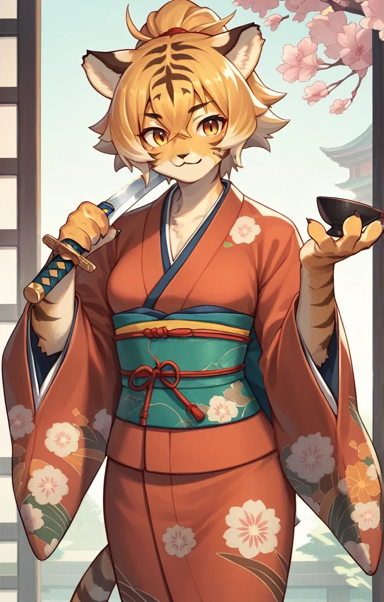 ((masterpiece,cute,Tiger Girl,kimono,A Cup,Fighter)),((Sword in right hand,The left hand is bare hand)),alone,kemono,Cat girl,Female furry,Background crop,humanoid cheetah,Fantasy,