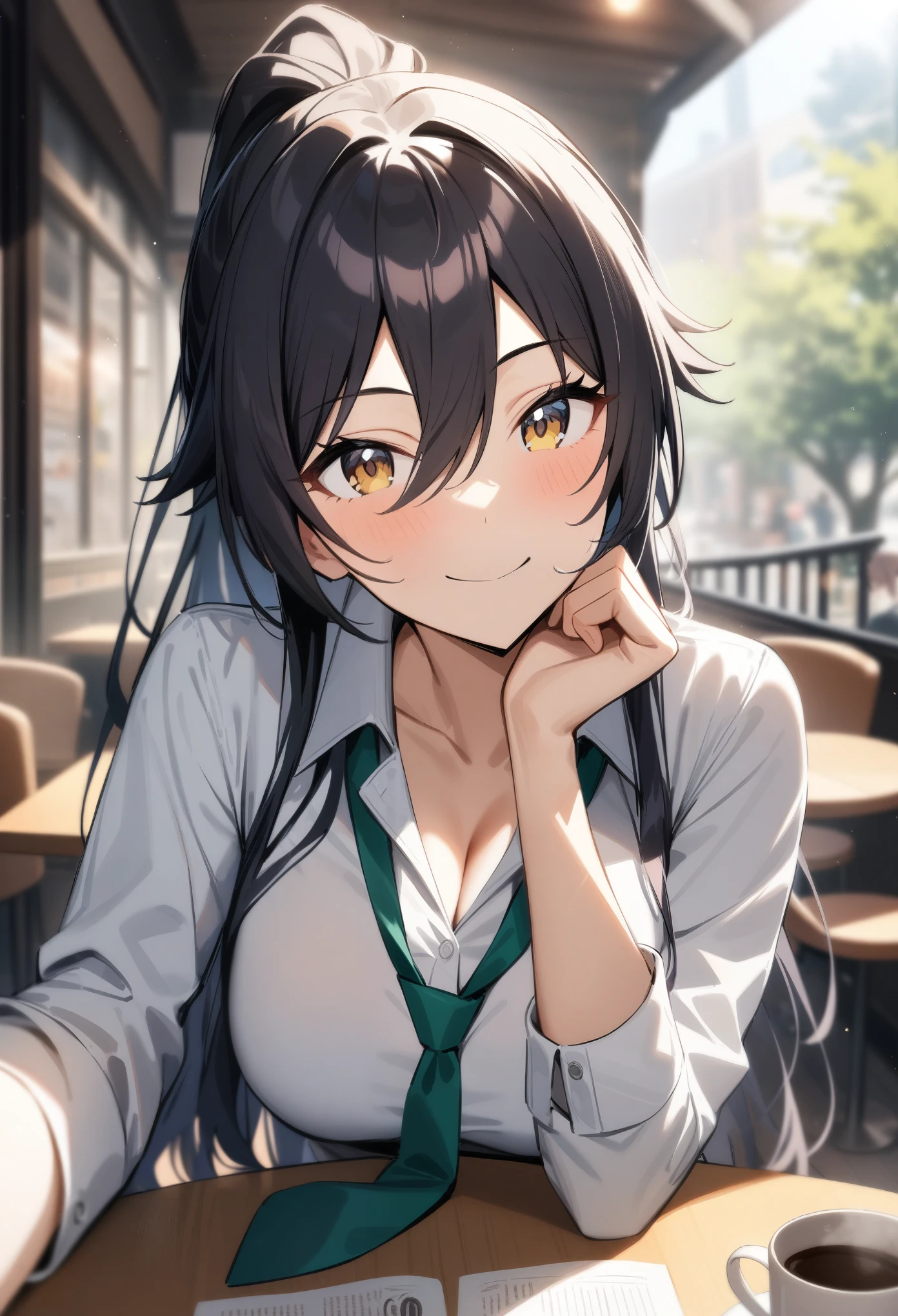 masterpiece, best quality, very aesthetic, absurdres, 1girl, shirase sakuya, idolmaster shiny colors, looking at viewer, high ponytail, bangs, eyebrows, large breasts, collared shirt, green necktie, loose necktie, head rest, reaching towards viewer, smile, pov across table, cafe, sunlight