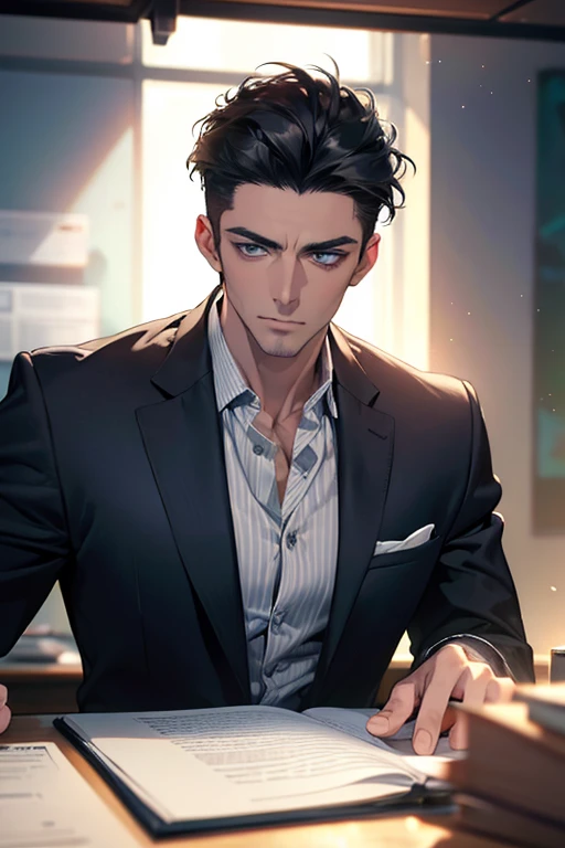 (Best Quality,4k,8k,high resolution,Masterpiece:1.2),ultra detailed,(realist,photorealist,photo-realist:1.37),1 man,31 years,mature man,very handsome,without expresion,muscled body,short gray black hair,Blue eyes,glare,perfect face without mistakes,imposing posture,businessman,office background,cinematic lighting,imagen HDR