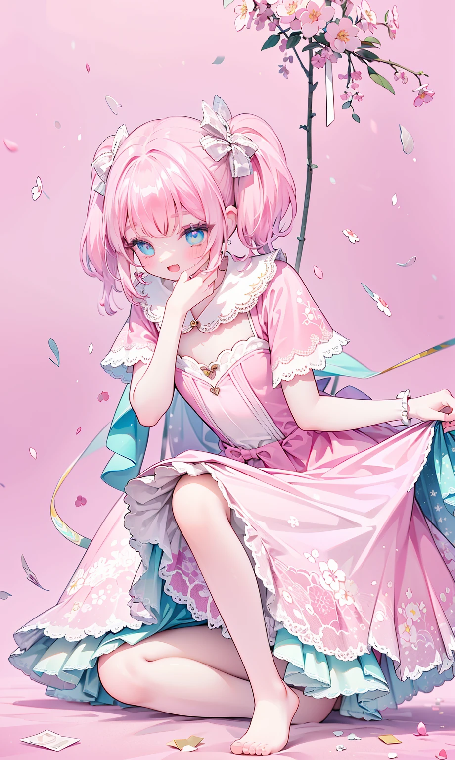 (masterpiece:1.2), best quality, highres, original, (extremely detailed:1.2), ultra-detailed, wallpaper, perfect lighting,(extremely detailed CG:1.2), 8k, 1girl, solo, kawaii, (open the mouth, laughing, happy, twintails, flat chest, pink hair, light-blue eyes:1.1), (Lolita Fashion, pink dress, short-sleeves, bowknot on dress, lace hemline, knee-length dress, delicate dress:1.2), (anatomically correct:1.3), kneeling, close-up, (dreamlike background, pink background, girly background, sakura pattern:1.2)