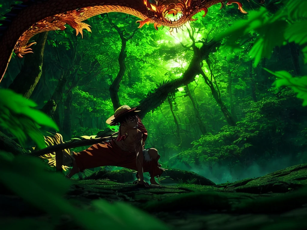 one piece character luffy, dragon, lush green forest, detailed foliage, beautiful lighting, photorealistic, 8k, highly detailed, masterpiece, cinematic, dramatic, vivid colors, dynamic composition, explosion background