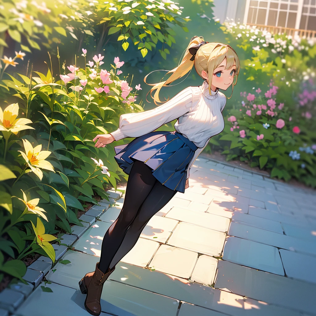 (high quality, high resolution, Super detailed, Reality:1.37), peaceful atmosphere, (outdoor, garden), Teenage girl standing alone, (My breasts are big.), Beautiful detailed features, cute smile, (Blonde ponytail), ribbed sweater, blue plaid skirt, Black tights, brown boots.