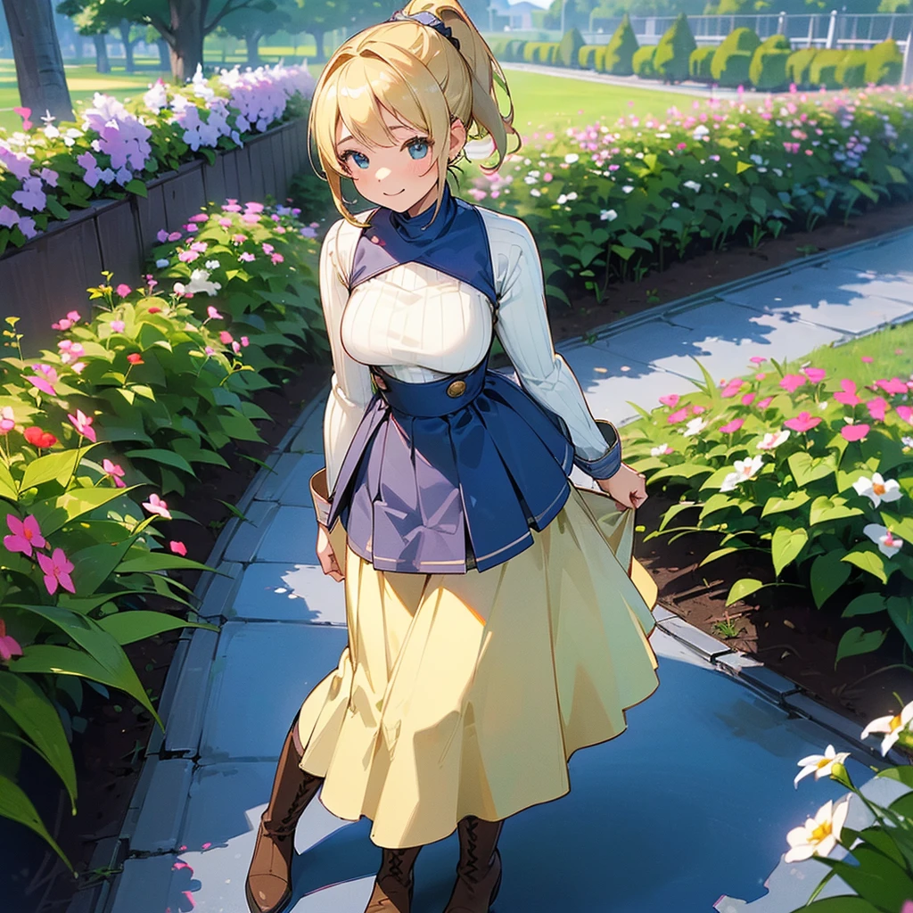 (high quality, High resolution, Very detailed, reality:1.37), Peaceful atmosphere, (Outdoor, garden), Teenage girl standing alone, (my breasts are big.), Beautiful details, Cute Smile, (Blonde Ponytail), Ribbed sweater, Blue Skirt, Black tights, Brown boots.