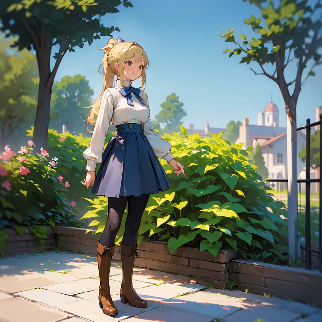 (high quality, High resolution, Very detailed, reality:1.37), Peaceful atmosphere, (Outdoor, garden), Teenage girl standing alone, (my breasts are big.), Beautiful details, Cute Smile, (Blonde Ponytail), Ribbed sweater, Blue Skirt, Black tights, Brown boots.
