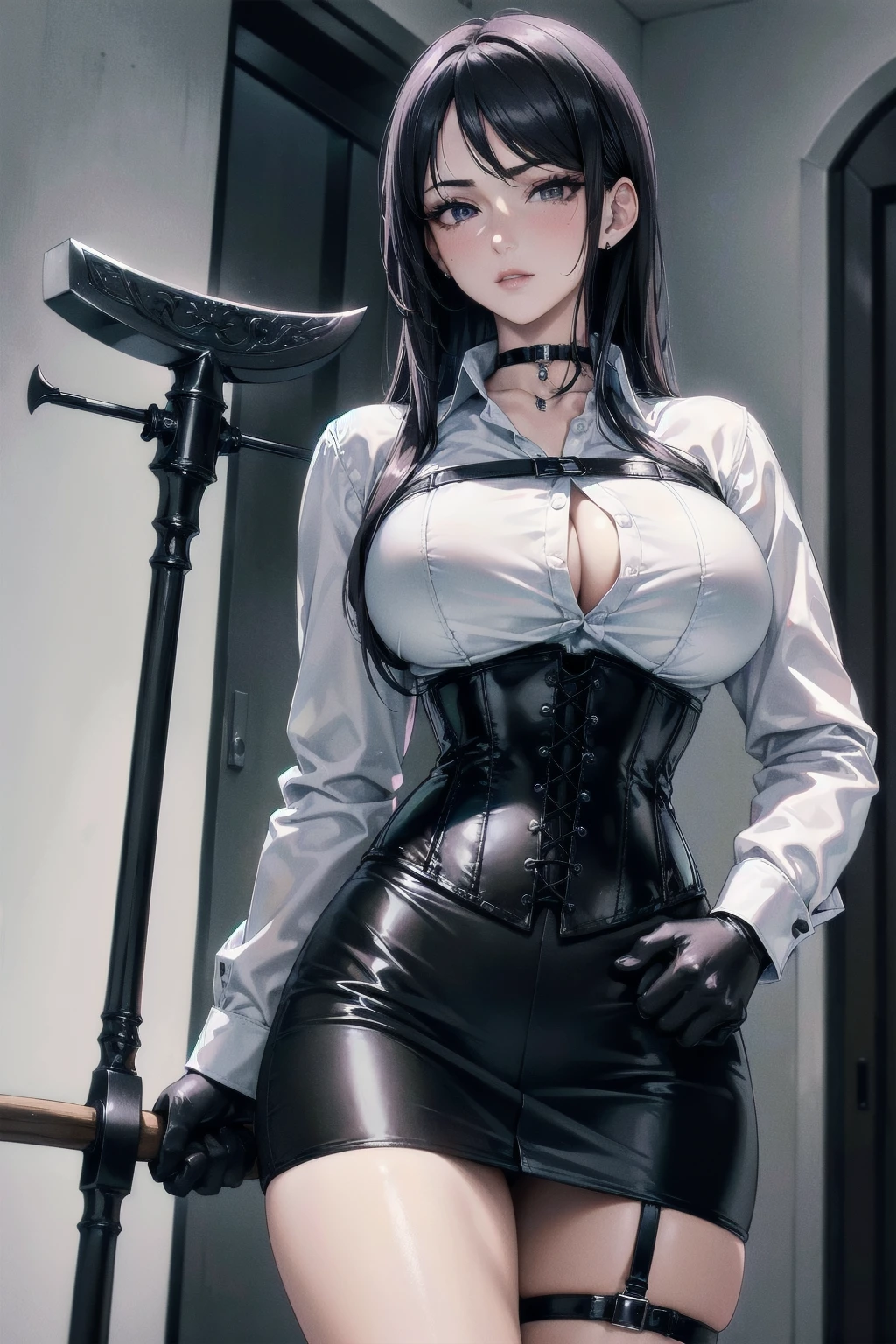 Realistic anime 3d style, (pussy), there is a woman in a corset posing for a picture, dressed in leather jacket, black-hair, katana zero video game character, side boob, twintails white gloves, inspired by Gao Qipei, seductive camisole, yasuke 500 px models, sussy baka, angelawhite, beautiful adult library fairy, katana