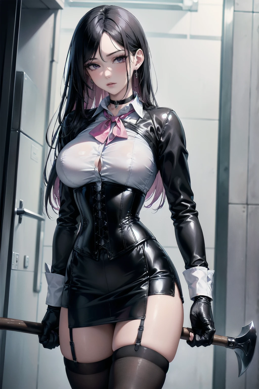 Masterpiece, Superior image quality, high resolution, 4k image,photo and gross, photorealistic, whole body, distant view, ung man of 15 years, {{{vagina}}}, big breasts, beautiful face, long black hair, black eyes, very detailed eyes, pink cheeks, serious expression, choker:1.6, (white collar button down long sleeve shirt), black gloves, gloves that cover hands, (holding an ax in the right hand), (black leather corset), (shiny black miniskirt), Sensual Lips, show details in the eyes, View from the front, looking at the viewer, walking in an elegant hallway