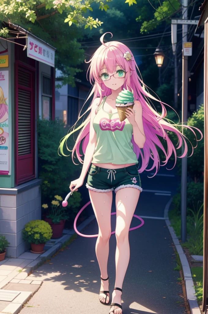 Laladevi Luke, Lara Deviluke, Long Hair, Pink Hair, tail, Ahoge, bangs, hair ornaments, (Green Eyes:1.5), smile,Open your mouth,demon tail, Tank top,Shorts,Heeled Sandals,Black-rimmed glasses,Holding ice cream in one hand,Eating ice cream,Walking,noon,Clear skies,True Summer,Sweat,whole bodyがイラストに入るように,
break outdoors, In town,
break looking at viewer, whole body,
break (masterpiece:1.2), Highest quality, High resolution, unity 8k wallpaper, (figure:0.8), (beautiful detailed eyes:1.6), extremely detailed face, Perfect lighting, extremely detailed CG, (Perfect hands, Perfect Anatomy),
