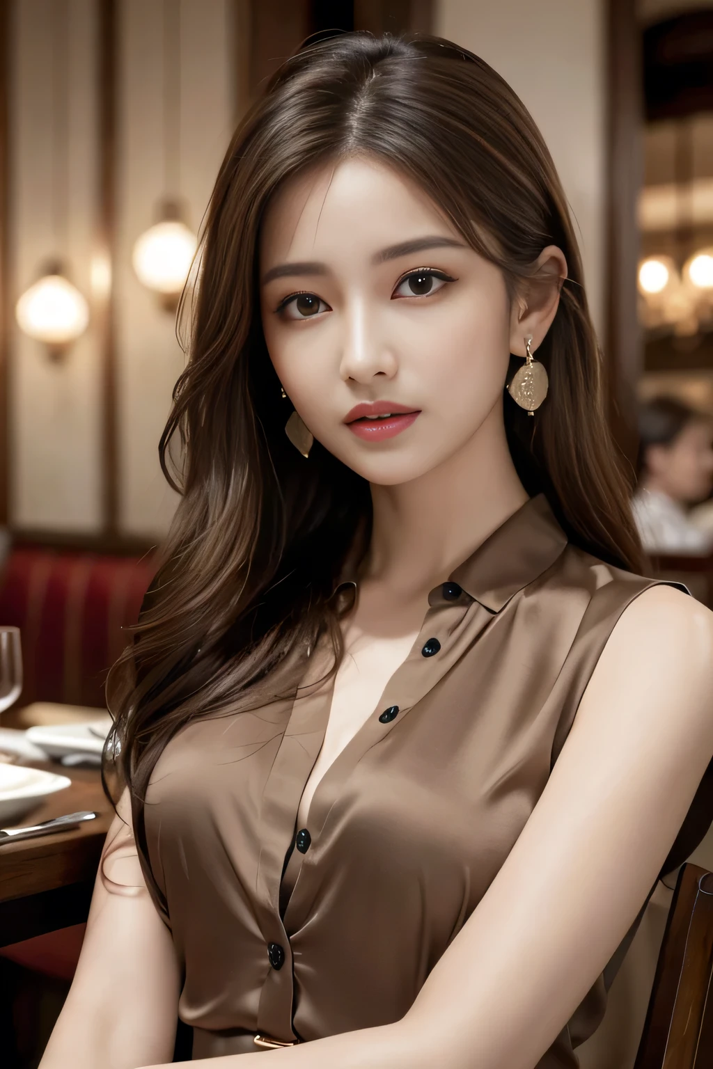 masterpiece, Highest quality, Realistic, Very detailed, Finer details, High resolution, 8k wallpaper, One beautiful woman, Wear a fine colored silk shirt, In a great restaurant, At night, Light brown messy hair, Perfect dynamic composition, Beautiful and beautiful eyes、Big earrings、chest、Sleeveless shirt、