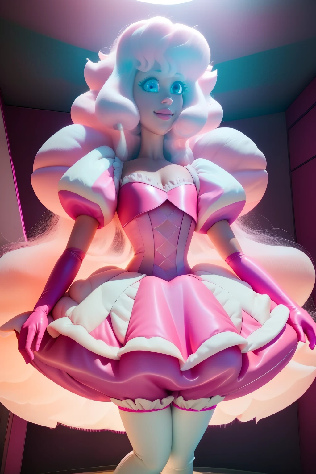 pnkdamond, pink hair, pink eyes, big hair, stomach gem, pink skin, toned,
puffy short sleeves, elbow gloves , white thighhighs, puffy dress,
standing, upper body,
outerspace,
(insanely detailed, beautiful detailed face,beautiful detailed eyes, masterpiece, best quality) cinematic lighting, smile,