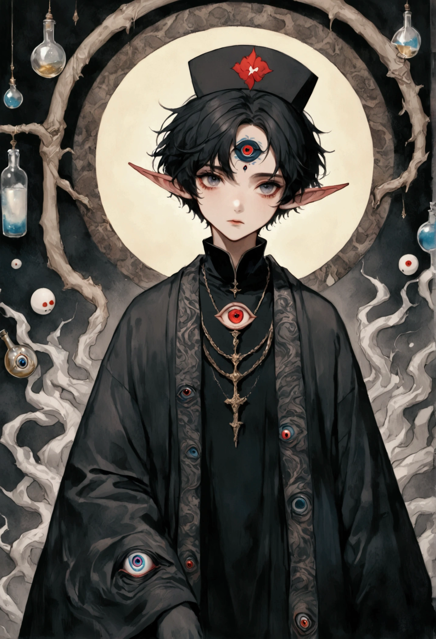 (((Lord Nether,short hair,独奏,third eye on the forehead,Dark eyeshadow,Elf ears))),(((robe:1.6,Eye Diagram,Dark Pattern))).(((Nurse hat,Infusion bottles,medical instruments,rescue,first aid))),whole body,Death Stare Background。body movements