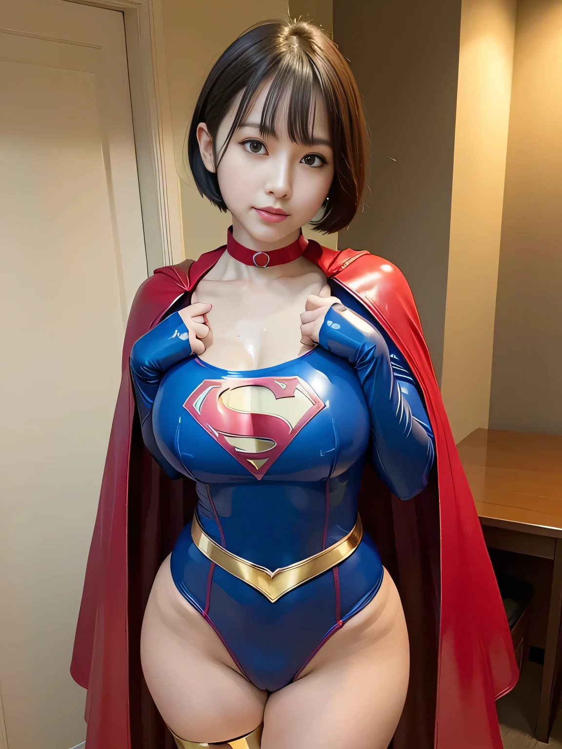 masterpiece、Rubber Supergirl Costume、short hair、Red rubber long boots、Big and ample breasts、shiny sweaty skin、looking at the camera、choker、Long sleeve、Sexy poses to seduce、Off the shoulder、latex、From the front、Standing with your legs apart、High leg leotard、Cape、Beautiful thighs、Photo magazine cover、Boasting beautiful legs、wallpaper for pc、