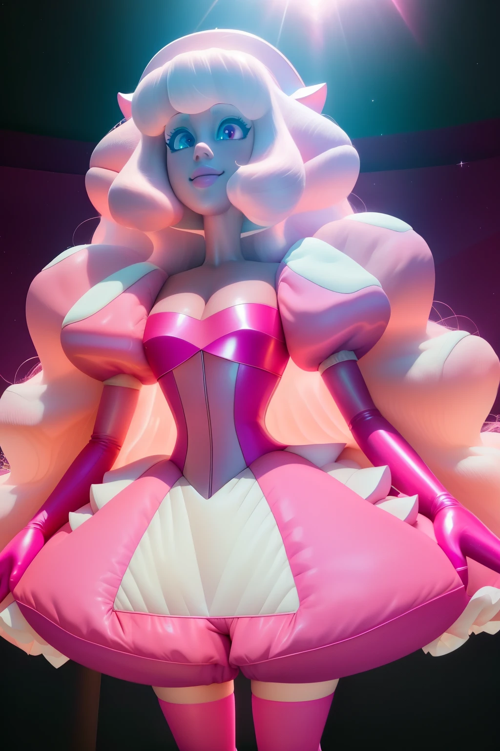 pnkdamond, pink hair, pink eyes, big hair, stomach gem, pink skin, toned,
puffy short sleeves, elbow gloves , white thighhighs, puffy dress,
standing, upper body,
outerspace,
(insanely detailed, beautiful detailed face,beautiful detailed eyes, masterpiece, best quality) cinematic lighting, smile,