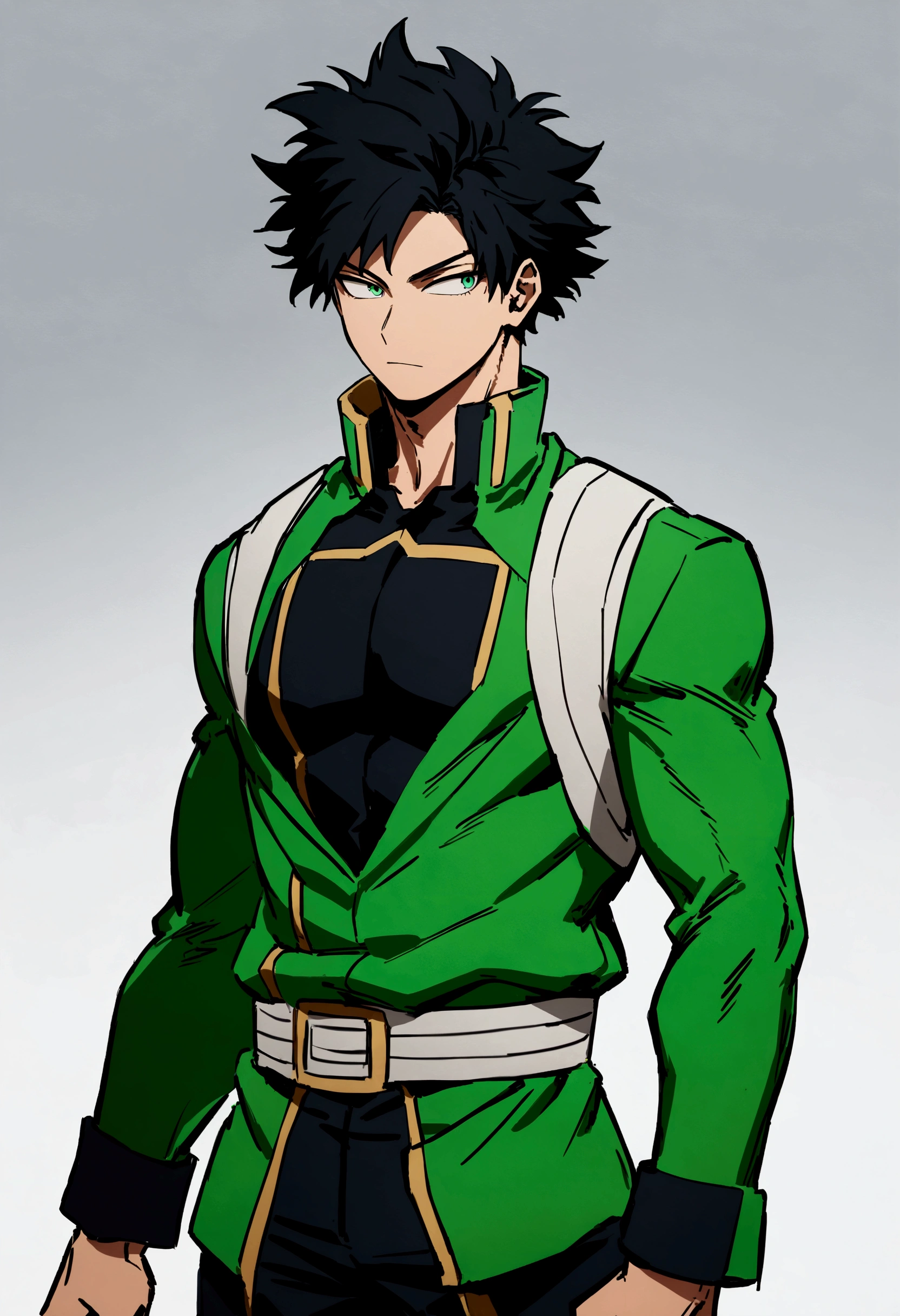 He is a 17 year old teenager, He has slightly disheveled black hair..., somewhat light green eyes, looking straight ahead , muscular body , He is dressed in the anime uniform. "my hero academia", green power
