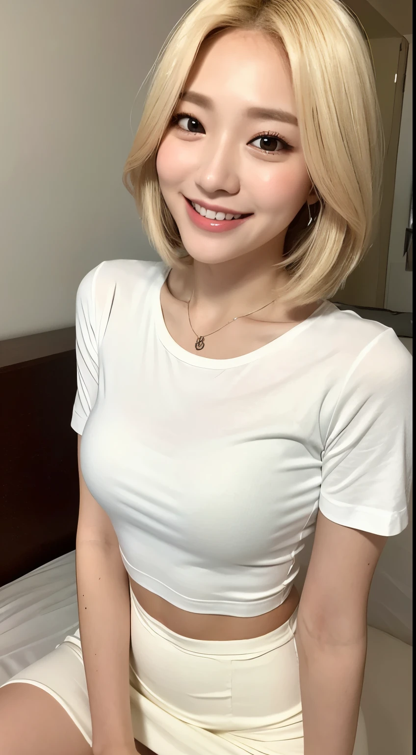 White tight shirt、White tight mini skirt、bed、smile、Short sleeve、high resolution、Korean idol face、double eyelid、White teeth、Medium Hair、Blonde