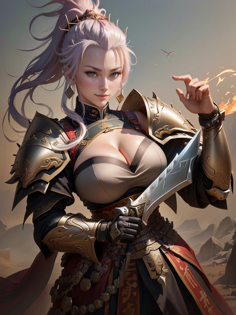 a woman in armor with a mohawk and a sword, inspired by Li Kan, guan yu, inspired by Hu Zaobin, inspired by Huang Shen, inspired by Huang Ding, inspired by Wu Bin, bian lian, inspired by Li Gonglin, chinese three kingdoms, inspired by Li Cheng, genghis khan, inspired by Pu Hua, Highly detailed CG unit 8k wallpaper, masterpiece, High resolution, highest quality, highest quality real texture skin, Super Real, Digital Painting, Best image quality, 最High resolution, 8k, (((Highly detailed eyes and face, Beautiful eyes every detail))), disproportionate breasts, huge breasts, sagging breasts, gigantic breasts, evil grin, evil smile,