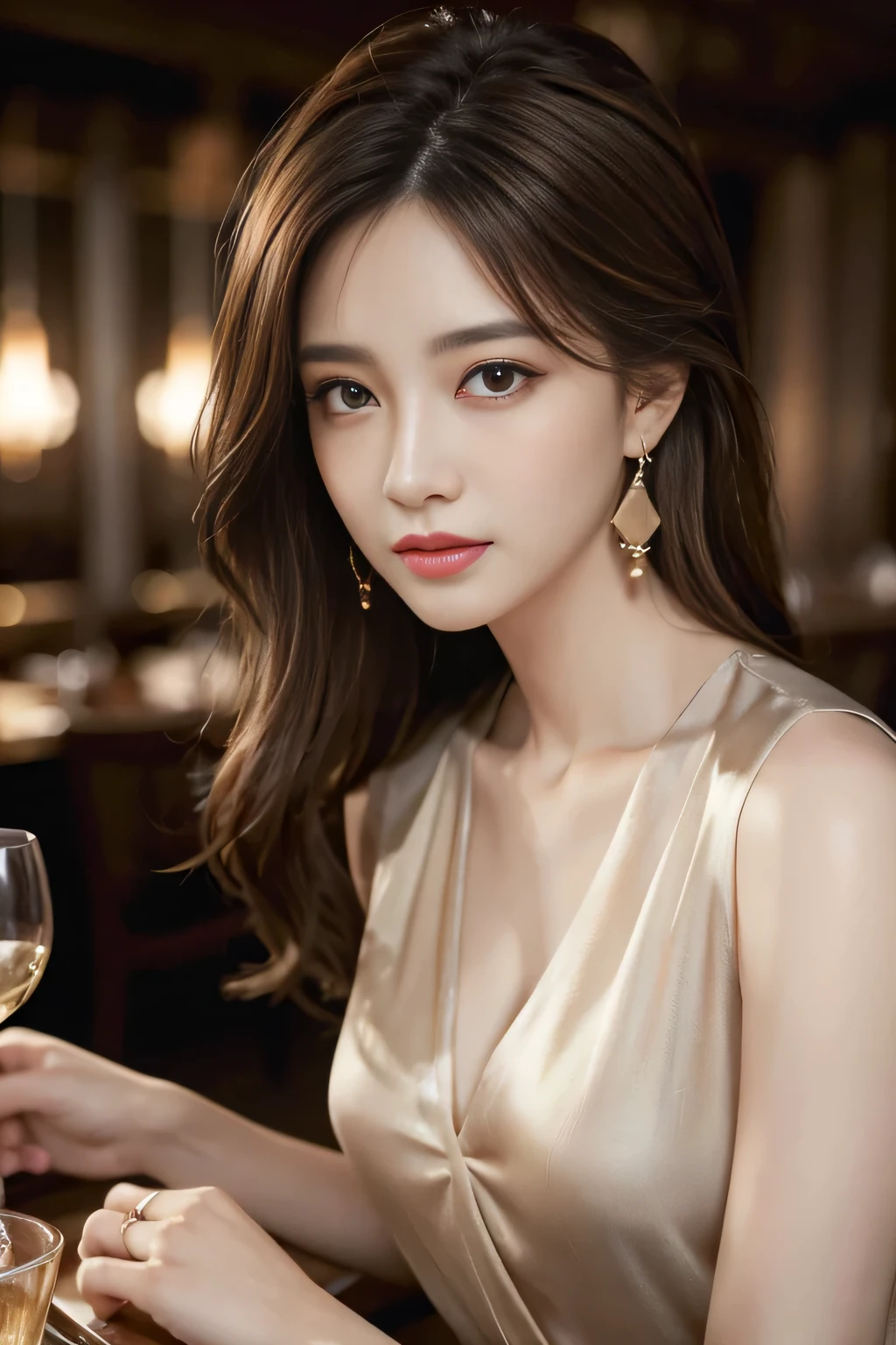 masterpiece, Highest quality, Realistic, Very detailed, Finer details, High resolution, 8k wallpaper, One beautiful woman, Wear a fine colored silk shirt, In a great restaurant, At night, Light brown messy hair, Perfect dynamic composition, Beautiful and beautiful eyes、Big earrings、chest、Sleeveless shirt、