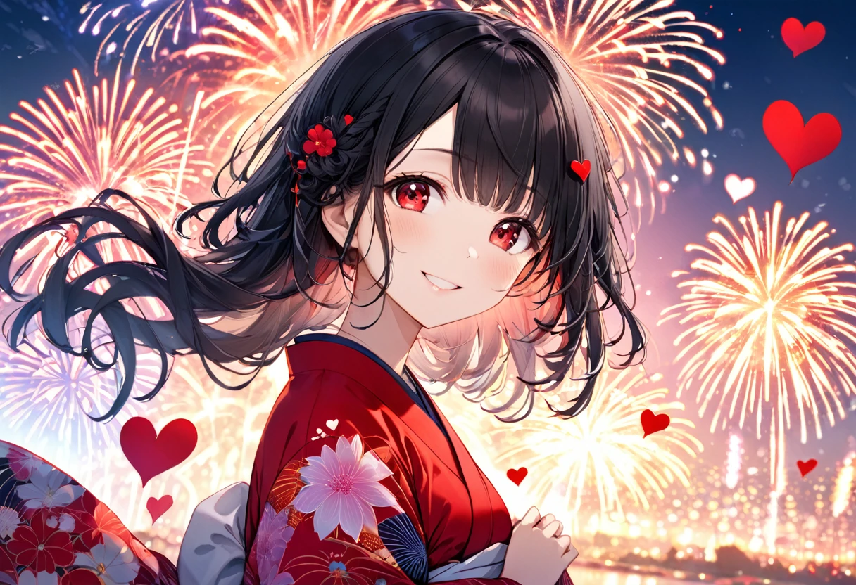 (double exposure:1.4 Heart Shape many:1.2 fireworks), (a curly:1.3 black hair very long hair cute girl, lovely red eyes, love smile, medium tits, in a beautiful yukata), BREAK, 16k, beautiful detailed silhouette.