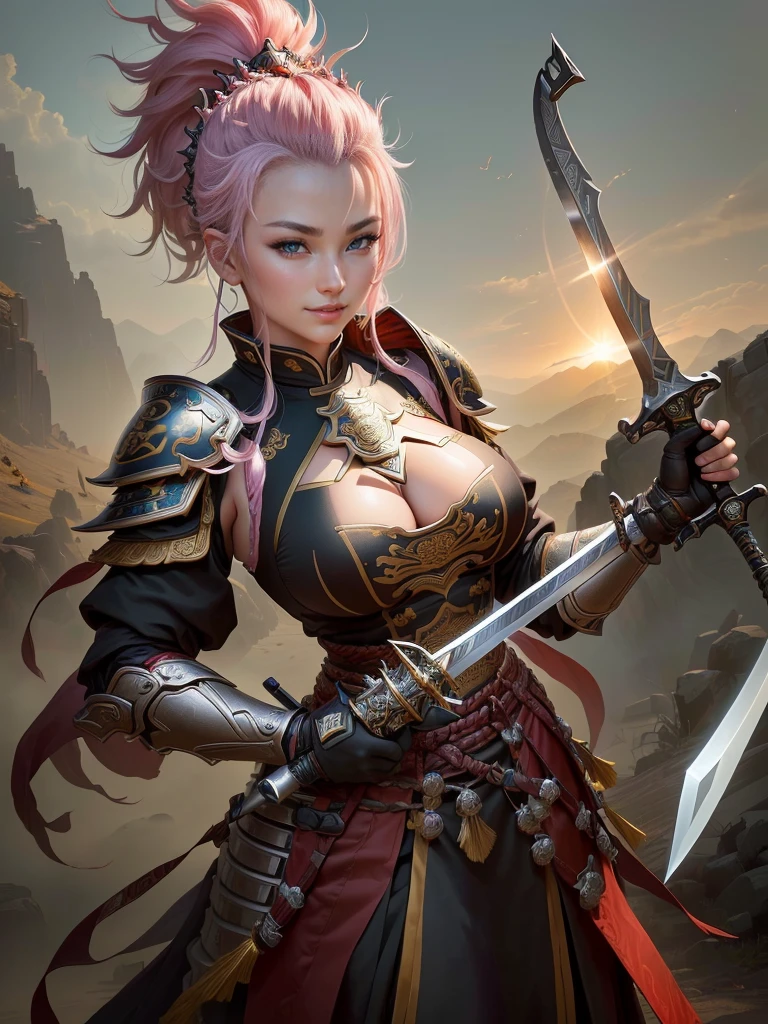 a woman in armor with a mohawk and a sword, inspired by Li Kan, guan yu, inspired by Hu Zaobin, inspired by Huang Shen, inspired by Huang Ding, inspired by Wu Bin, bian lian, inspired by Li Gonglin, chinese three kingdoms, inspired by Li Cheng, genghis khan, inspired by Pu Hua, Highly detailed CG unit 8k wallpaper, masterpiece, High resolution, highest quality, highest quality real texture skin, Super Real, Digital Painting, Best image quality, 最High resolution, 8k, (((Highly detailed eyes and face, Beautiful eyes every detail))), disproportionate breasts, huge breasts, sagging breasts, gigantic breasts, evil grin, evil smile,
