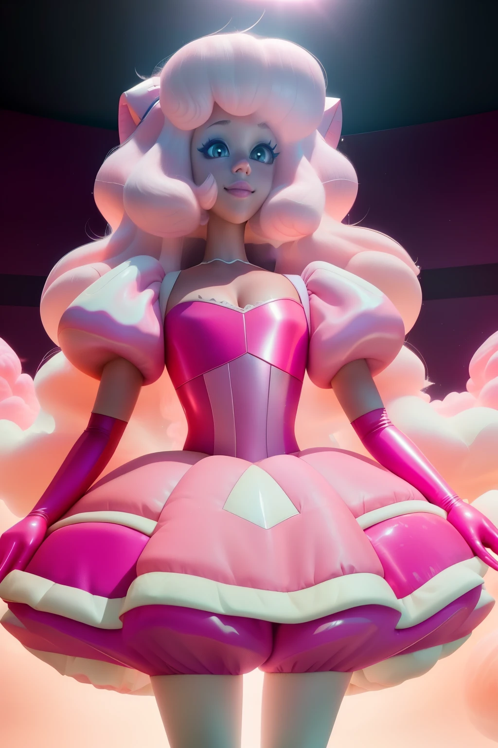 pnkdamond, pink hair, pink eyes, big hair, stomach gem, pink skin, toned,
puffy short sleeves, elbow gloves , white thighhighs, puffy dress,
standing, upper body,
outerspace,
(insanely detailed, beautiful detailed face,beautiful detailed eyes, masterpiece, best quality) cinematic lighting, smile,