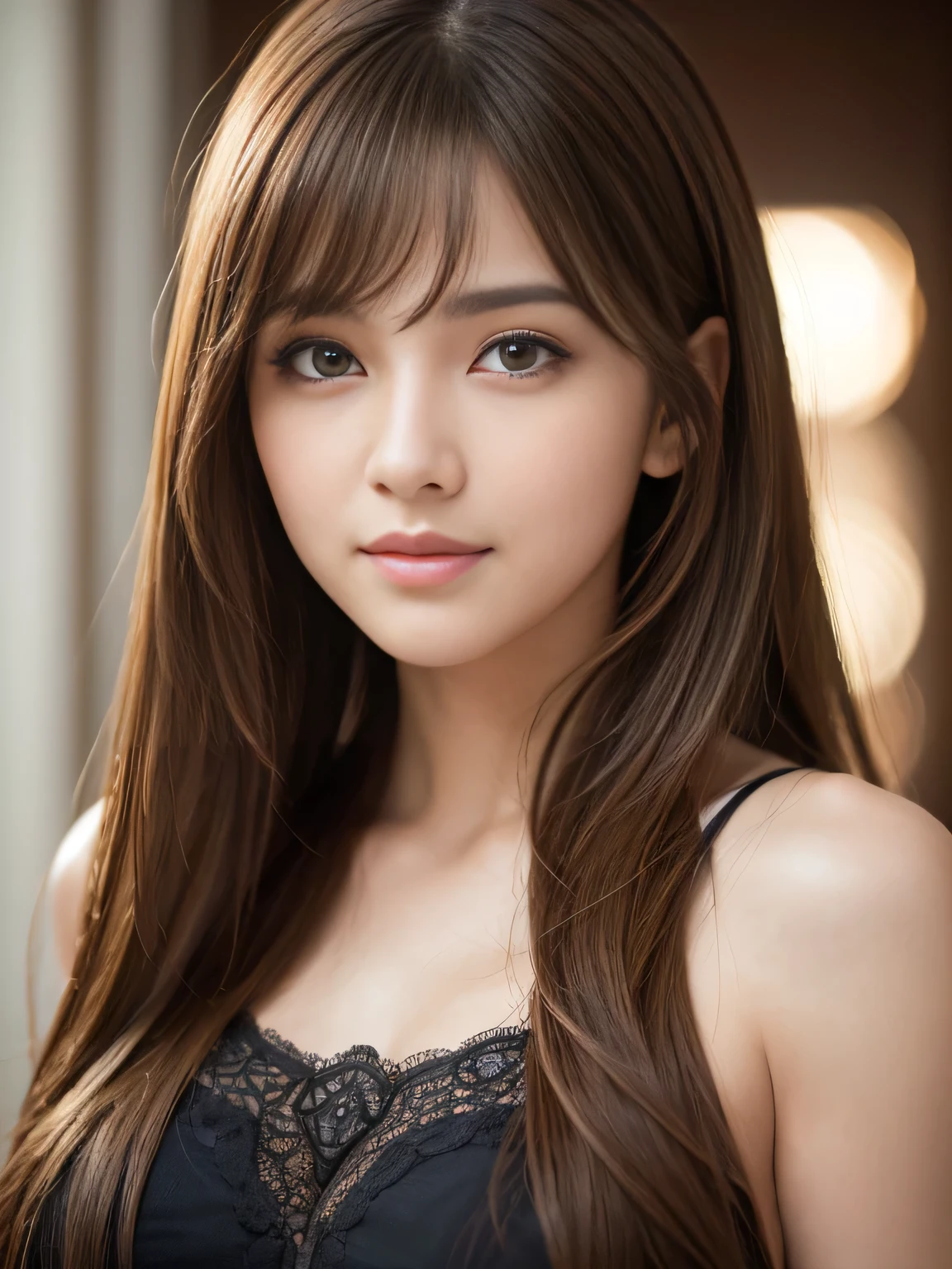 (Raw photo), (Photoreal), (masterpiece), (highest quality), High resolution, 8K resolution, (intricate details), (light with volume), Portrait, woman, medium hair, straight hair, layered hair, brown hair, highly detailed eyes, highly detailed eyebrows, highly detailed skin, highly detailed mouth, highly detailed nose, cute like an idol, smile, ((thick lips)), ((look into the viewer's eyes)), (well-shaped chest), (cleavage), (elegant black see-through blouse), (Random body orientation),