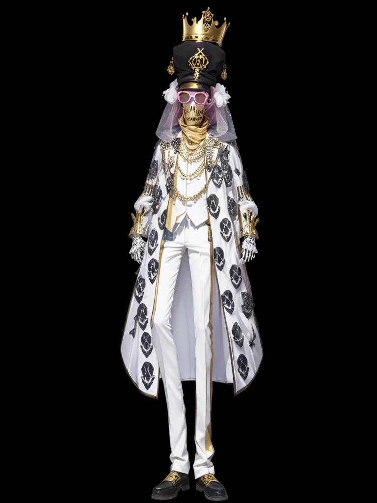 A skeleton, with golden crown on head, with white clothes set, with pink glasses