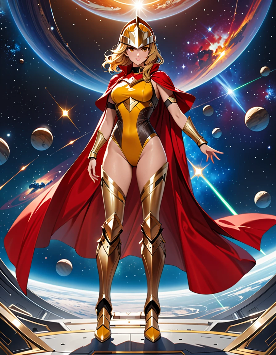 ((Full body photo, standing, feet on the ground)) ((masterpiece)), ((best quality)), ((high res)), (dynamic villain pose), (solo, solo focus), standing, italian, (blonde hair, brown eyes), ((beautiful detailed eyes)), (a woman in a yellow and red costume and red cape), (leotard, bare legs), (roman helmet with futuristic visor, matching armored boots), (perfect hands, perfect anatomy), space backdrop, full body costume design.