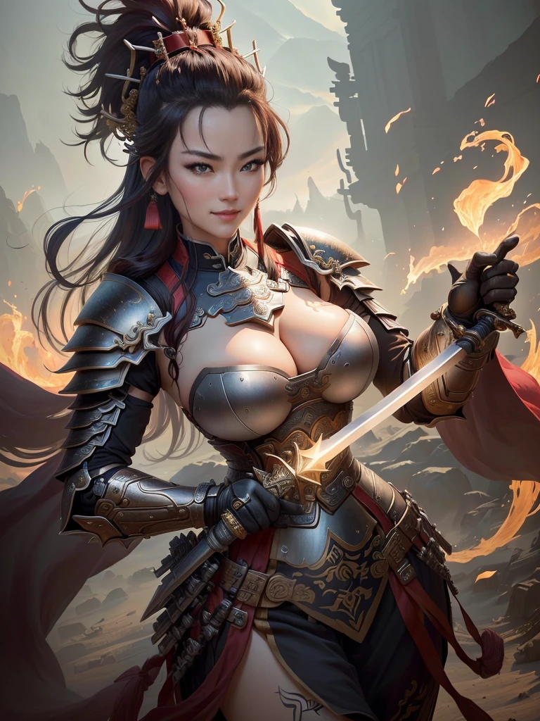 a woman in armor with a mohawk and a sword, inspired by Li Kan, guan yu, inspired by Hu Zaobin, inspired by Huang Shen, inspired by Huang Ding, inspired by Wu Bin, bian lian, inspired by Li Gonglin, chinese three kingdoms, inspired by Li Cheng, genghis khan, inspired by Pu Hua, Highly detailed CG unit 8k wallpaper, masterpiece, High resolution, highest quality, highest quality real texture skin, Super Real, Digital Painting, Best image quality, 最High resolution, 8k, (((Highly detailed eyes and face, Beautiful eyes every detail))), disproportionate breasts, huge breasts, sagging breasts, gigantic breasts, evil grin, evil smile,