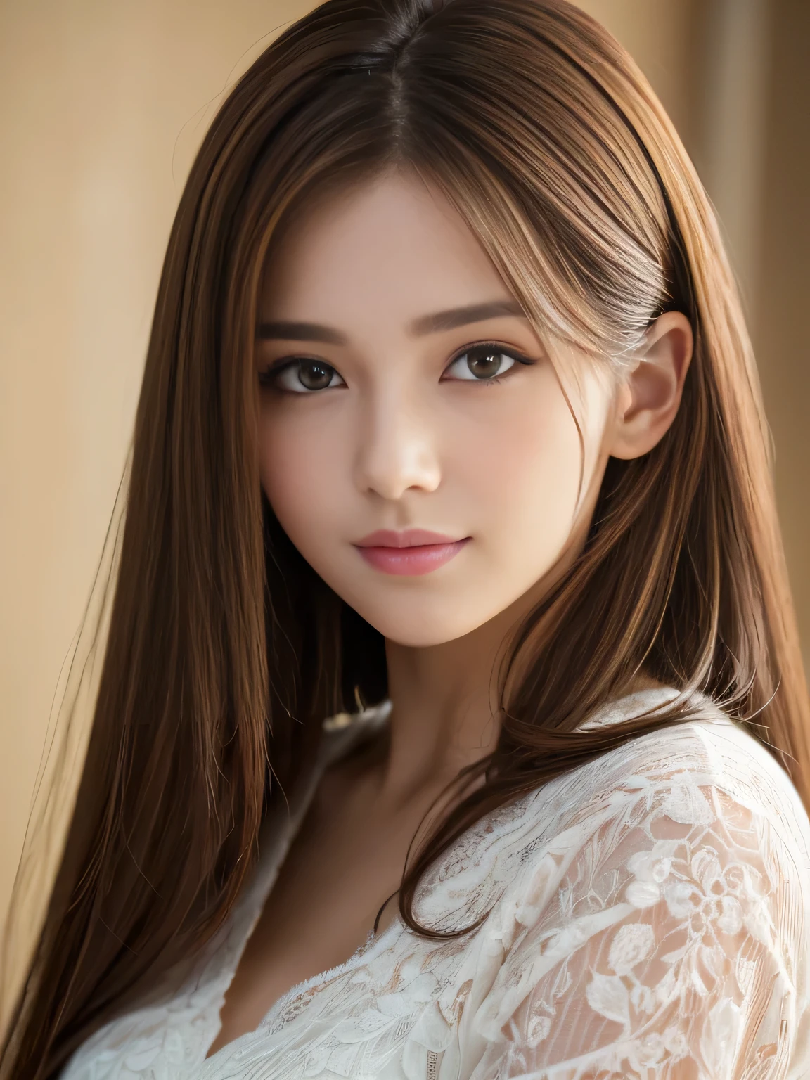 (Raw photo), (Photoreal), (masterpiece), (highest quality), High resolution, 8K resolution, (intricate details), (light with volume), Portrait, woman, medium hair, straight hair, layered hair, brown hair, highly detailed eyes, highly detailed eyebrows, highly detailed skin, highly detailed mouth, highly detailed nose, cute like an idol, smile, ((thick lips)), ((look into the viewer's eyes)), (well-shaped chest), (cleavage), (elegant black see-through blouse), (Random body orientation),