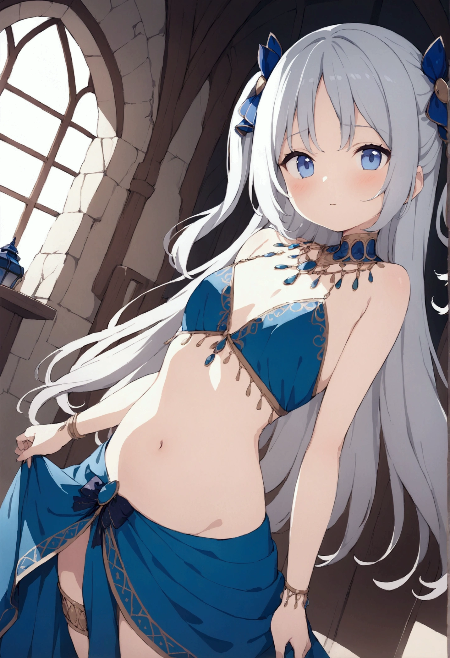 girl, bearish short girl, Super detailed, very delicate and beautiful, game CG, flat chest, long hair, white hair, young girl, one girl, masterpiece Super detailed, very delicate and beautiful, flat chest, long hair, gray hair, two side up hair, one girl, medieval town, anatomically correctct, masterpiece@, light blue arabian dancer costume, dancer adventurer, illustration, illustration,Arabian style bustier,arabic panel skirt,Veil skirt for belly dancing,Arabian dancer skirt with flowing fabric