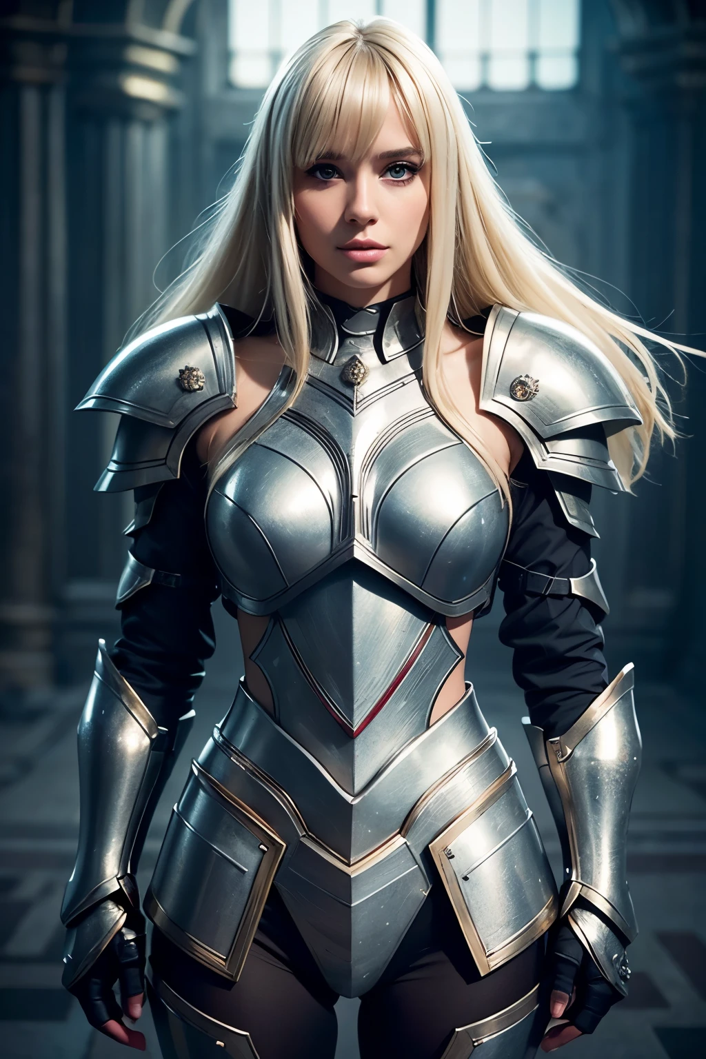 A Beautiful Blonde Woman: 1.2), Stunning Blonde with Long Hair and Bangs in Golg Metal Armor, (iu:0.9), RAW, Best quality, high resolution, Masterpiece: 1.2, Beautiful Blonde Woman, Long Hair with Bangs, Golg Metal Armor, Covered in Small Diamonds and Crystals, Silver Stripes on Back, Posing for Photos, Insta-worthy, LED lighting, Glossy, Shimmering, Detailed Armor, One Million Followers Background, Fair and Bright, Instagram Style, Instagram profile, (social media theme), (background elements), (highlight effects), (mirrored ref