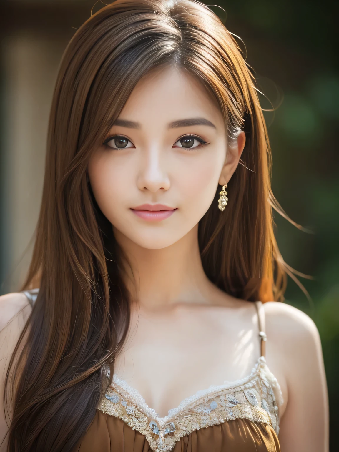 (Raw photo), (Photoreal), (masterpiece), (highest quality), High resolution, 8K resolution, (intricate details), (light with volume), Portrait, woman, medium hair, straight hair, layered hair, brown hair, highly detailed eyes, highly detailed eyebrows, highly detailed skin, highly detailed mouth, highly detailed nose, cute like an idol, smile, ((thick lips)), ((look into the viewer&#39;s eyes)), (well-shaped chest), (cleavage), (elegant black see-through blouse), (Random body orientation),