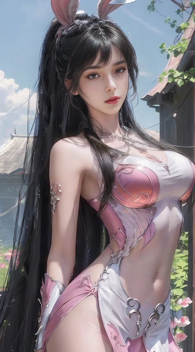 (1 girl:1.3), alone, __body parts__, official art, unified 8k wallpaper, Super detailed, Beautiful and beautiful, masterpiece, best quality, raw, Super detailed photos, best quality, ultra high resolution, Photorealism, Sunlight, whole body portrait, amazing beauty, delicate face, vibrant eyes, (from the front), Detailed face, Gorgeous, highly refined skin, Realistic skin details, visible pores, sharp focus, Volumetric fog, 8k Ultra HD, SLR camera, high quality, film grain, White skin, Photorealism, black hair, black hair, breast, open eyes, Slit sleeves, skinny, transparent, pink, reveal belly button，, transparent panties, pink, twisted braids, long braids, jewelry, Gold fittings, Gorgeous accessories, complicated, delicate lips, long hair, medium huge breast, outdoor, close lips, petal, peach blossom, Rabbit ears, pink Rabbit ears, Permanently installed, dynamic poses, whole body