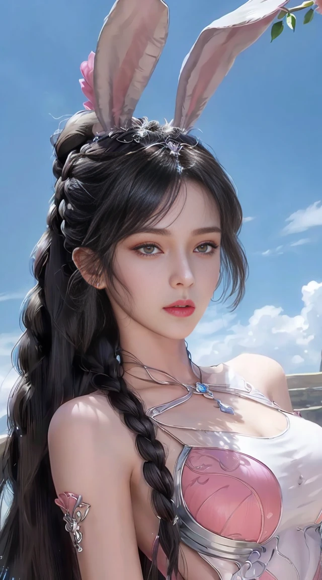 (1 girl:1.3), alone, __body parts__, official art, unified 8k wallpaper, Super detailed, Beautiful and beautiful, masterpiece, best quality, raw, Super detailed photos, best quality, ultra high resolution, Photorealism, Sunlight, whole body portrait, amazing beauty, delicate face, vibrant eyes, (from the front), Detailed face, Gorgeous, highly refined skin, Realistic skin details, visible pores, sharp focus, Volumetric fog, 8k Ultra HD, SLR camera, high quality, film grain, White skin, Photorealism, black hair, black hair, breast, open eyes, Slit sleeves, skinny, transparent, pink, reveal belly button，, transparent panties, pink, twisted braids, long braids, jewelry, Gold fittings, Gorgeous accessories, complicated, delicate lips, long hair, medium huge breast, outdoor, close lips, petal, peach blossom, Rabbit ears, pink Rabbit ears, Permanently installed, dynamic poses, whole body