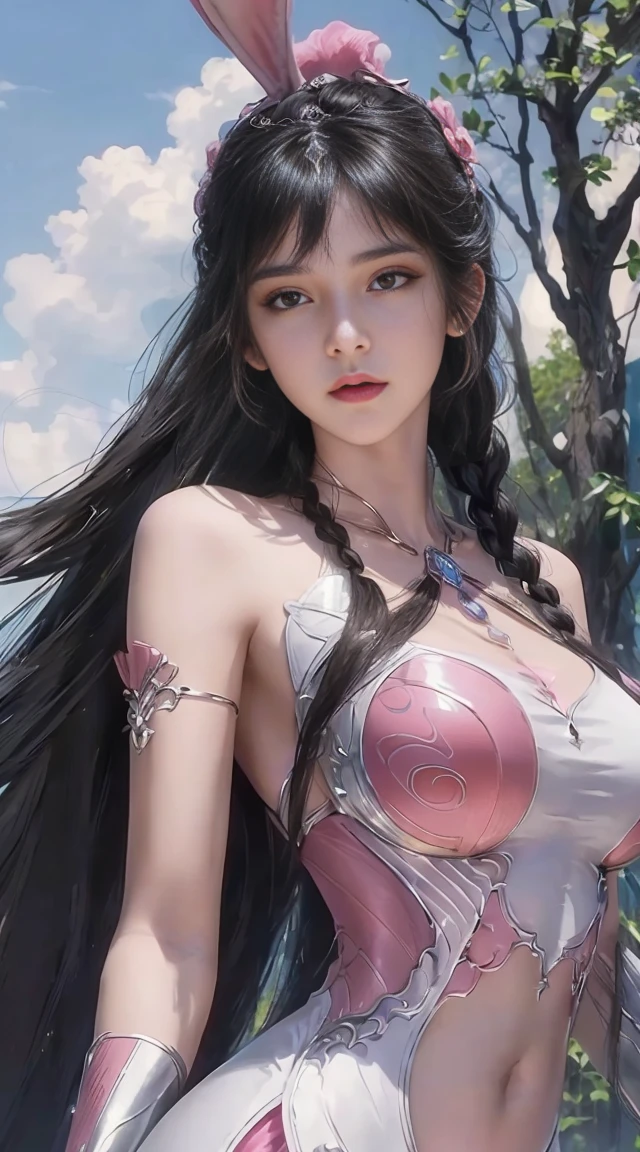 (1 girl:1.3), alone, __body parts__, official art, unified 8k wallpaper, Super detailed, Beautiful and beautiful, masterpiece, best quality, raw, Super detailed photos, best quality, ultra high resolution, Photorealism, Sunlight, whole body portrait, amazing beauty, delicate face, vibrant eyes, (from the front), Detailed face, Gorgeous, highly refined skin, Realistic skin details, visible pores, sharp focus, Volumetric fog, 8k Ultra HD, SLR camera, high quality, film grain, White skin, Photorealism, black hair, black hair, breast, open eyes, Slit sleeves, skinny, transparent, pink, reveal belly button，, transparent panties, pink, twisted braids, long braids, jewelry, Gold fittings, Gorgeous accessories, complicated, delicate lips, long hair, medium huge breast, outdoor, close lips, petal, peach blossom, Rabbit ears, pink Rabbit ears, Permanently installed, dynamic poses, whole body
