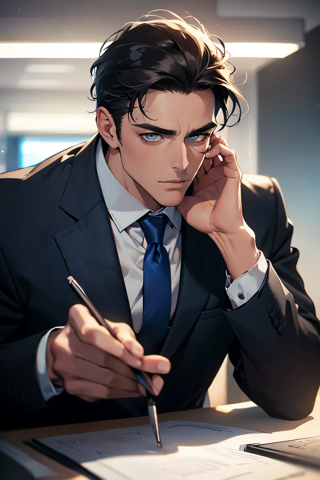 (best quality,4k,8k,highres,masterpiece:1.2),ultra-detailed,(realistic,photorealistic,photo-realistic:1.37),1 man,31 years old,mature man,very handsome,without expression,smile,short grey blue hair,blue eyes,penetrating gaze,perfect face without errors,imposing posture,businessman,office background,cinematic lighting,hdr image